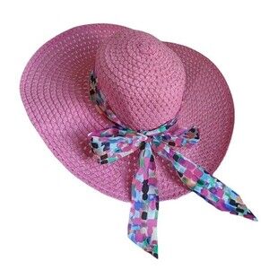 Resortwear Sun Wide Brim Straw Hat with Ribbon Bow Pink Beachwear Springtime